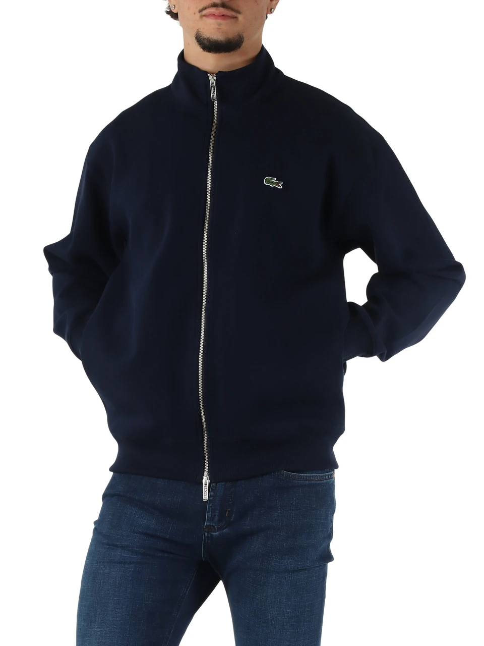 BLU SCURO | Felpa con zip classic fit in misto cotone piquet