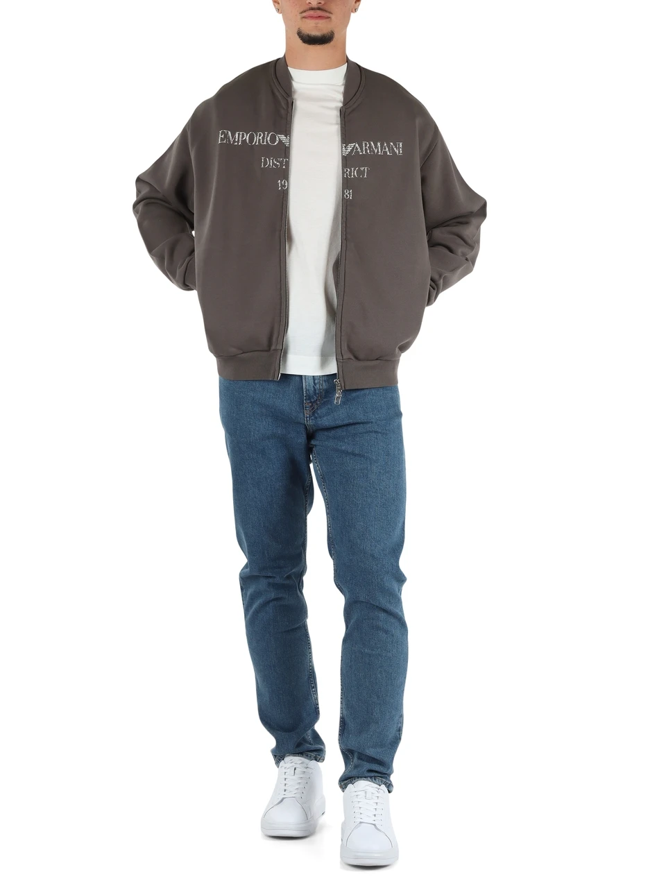 GRIGIO | Felpa con zip modello bomber in cotone garzato