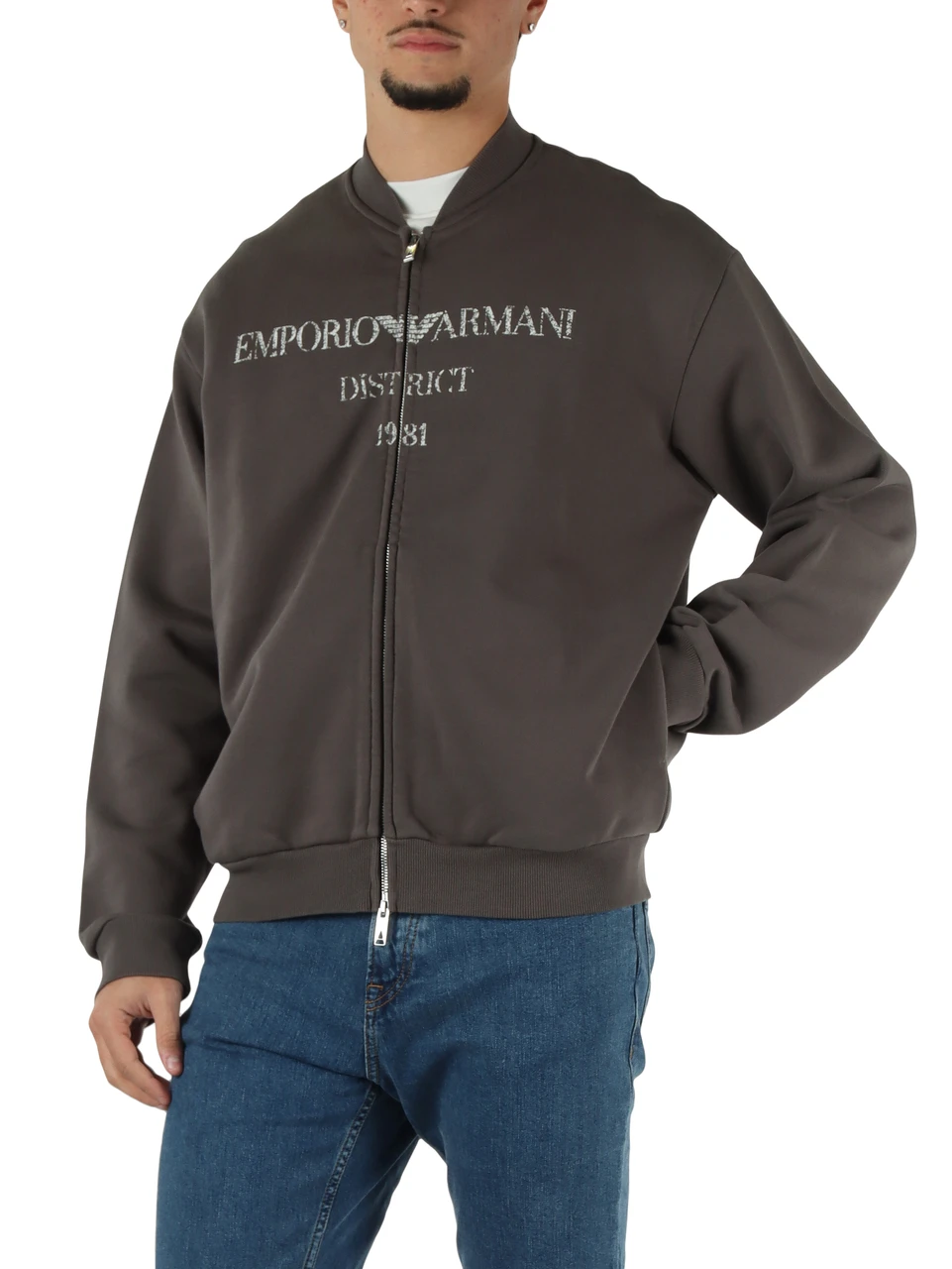 GRIGIO | Felpa con zip modello bomber in cotone garzato