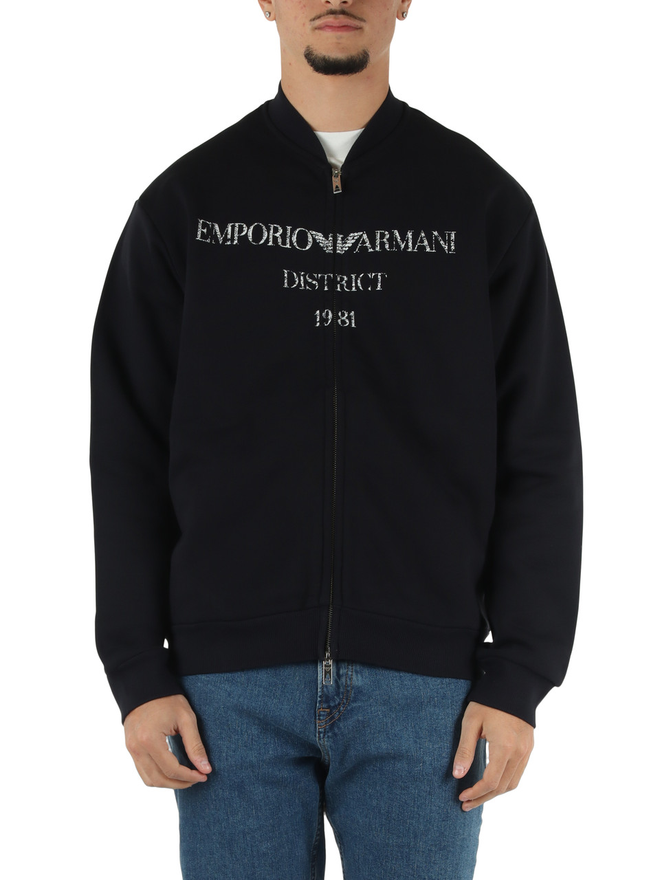 BLU SCURO | Felpa con zip modello bomber in cotone garzato