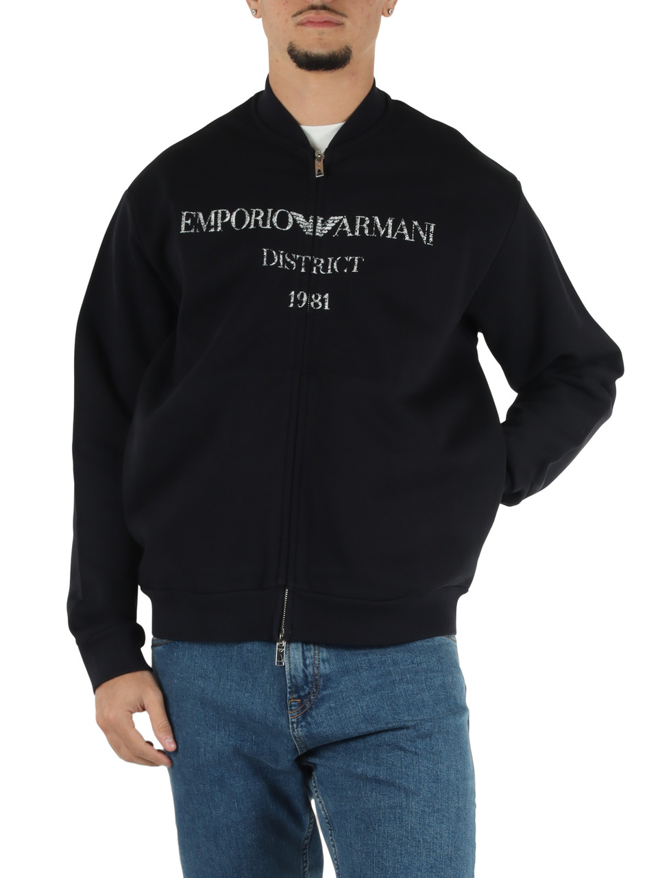 BLU SCURO | Felpa con zip modello bomber in cotone garzato