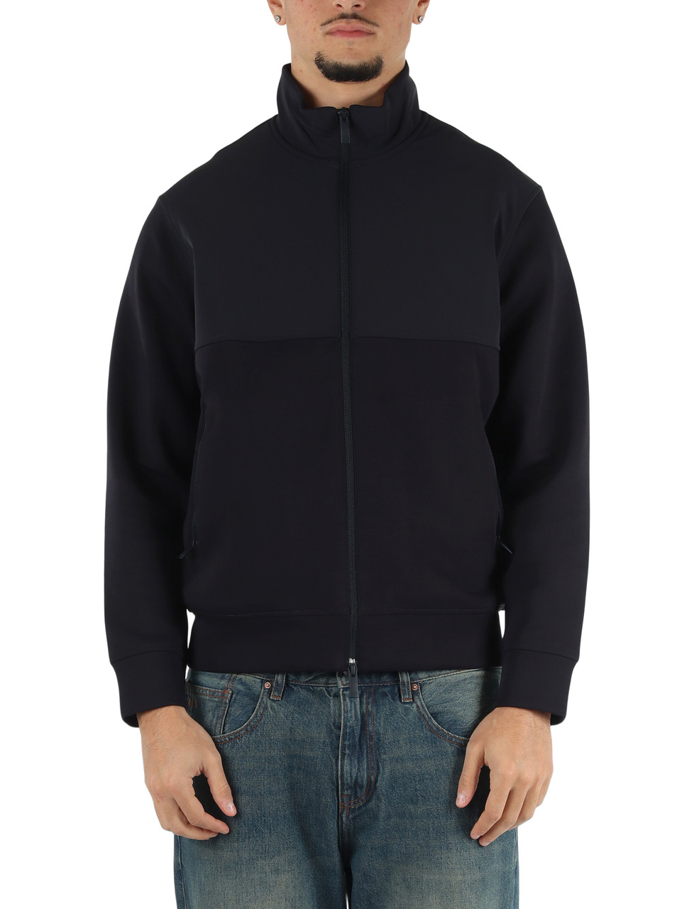 BLU SCURO | Felpa con zip in misto cotone e tessuto tecnico