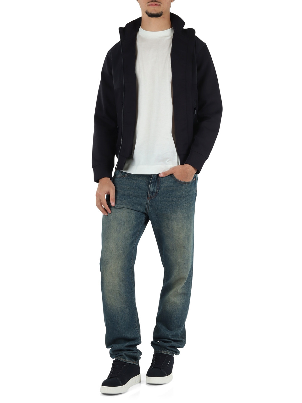 BLU SCURO | Felpa con zip in misto cotone e tessuto tecnico
