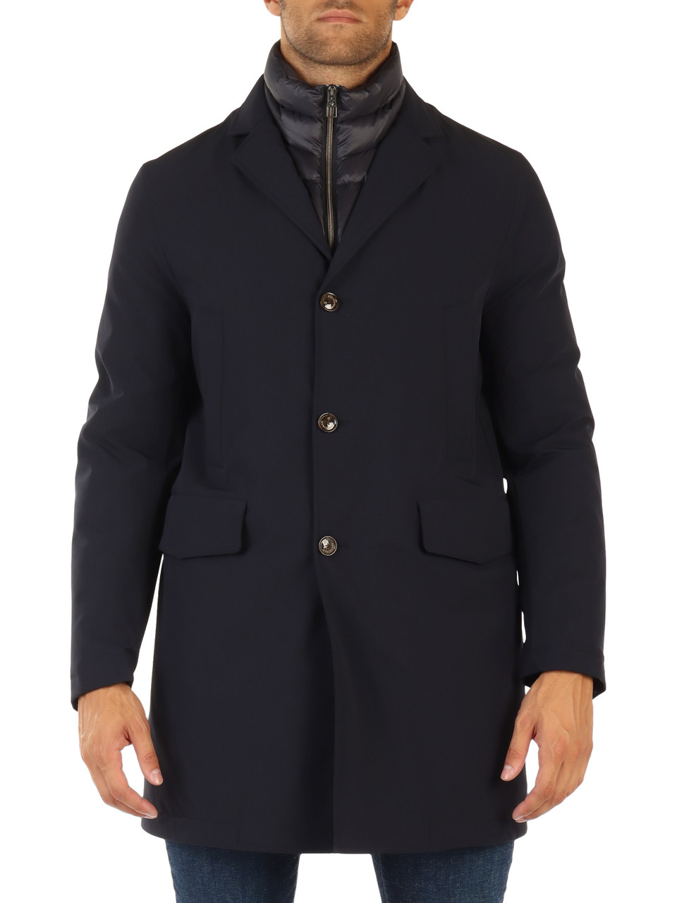 BLU SCURO | Giaccone in tessuto stretch waterproof con imbottitura in piuma