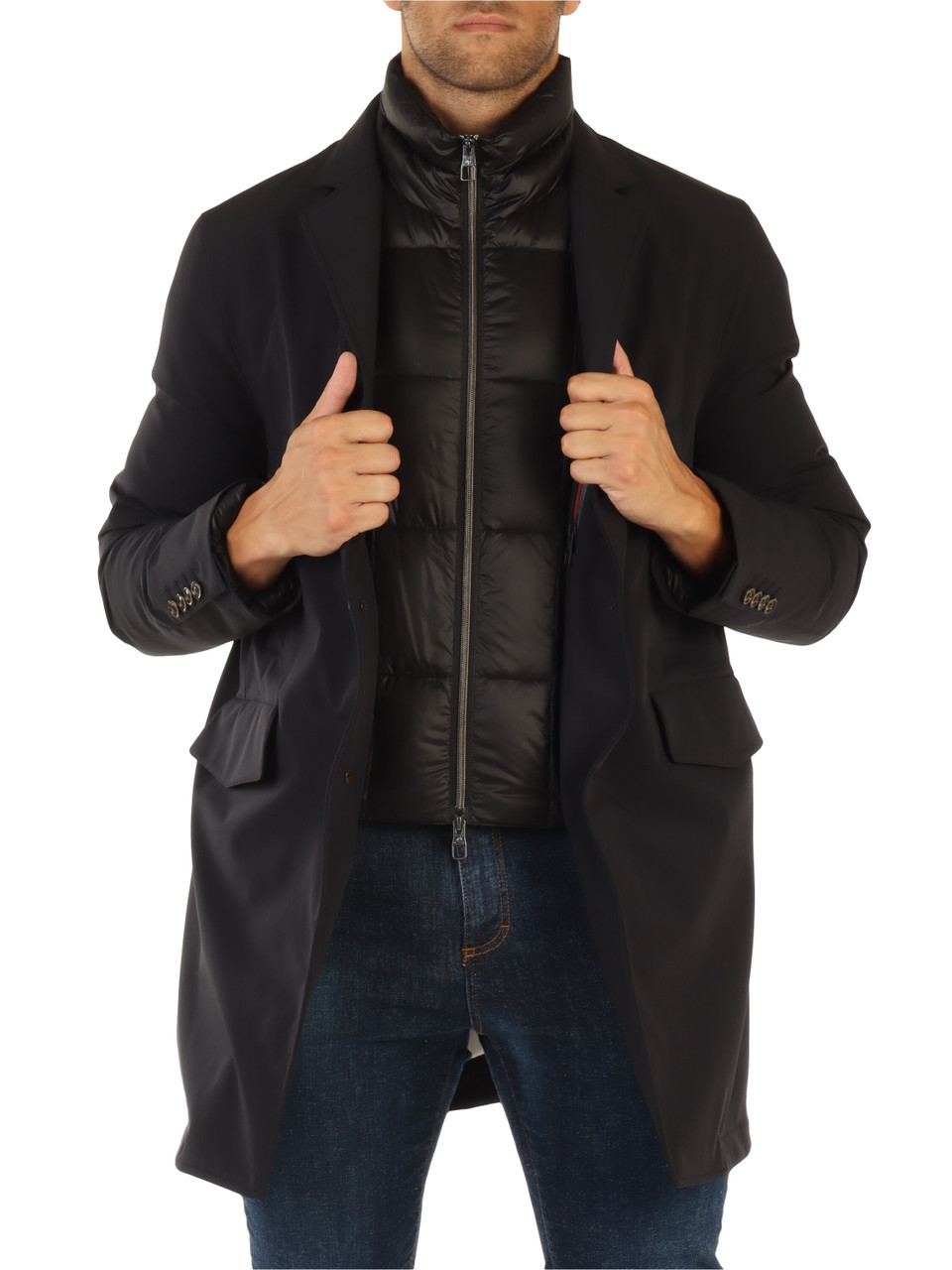 NERO | Giaccone in tessuto stretch waterproof con imbottitura in piuma