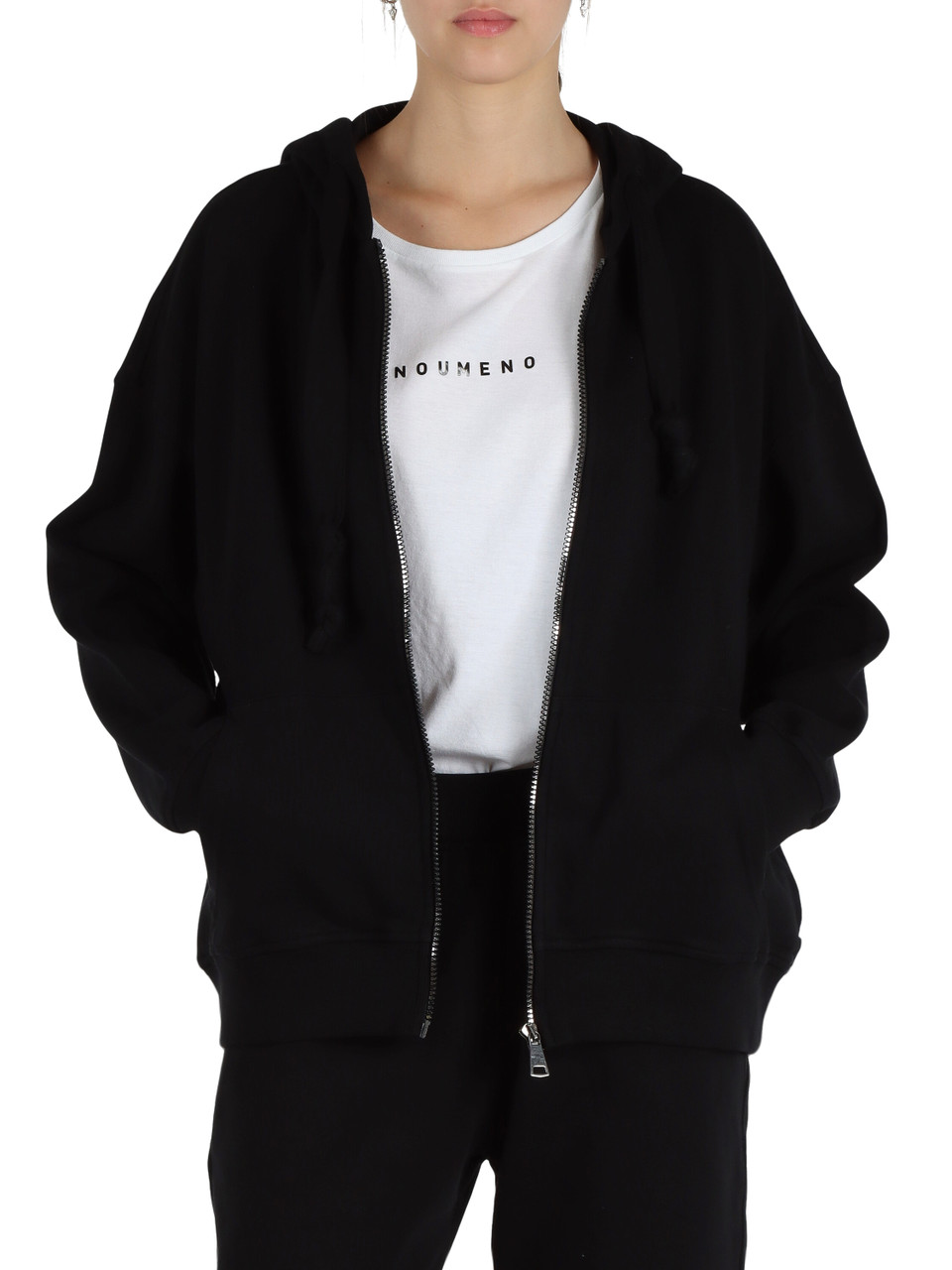 NERO | Felpa in cotone garzato con cappuccio e zip