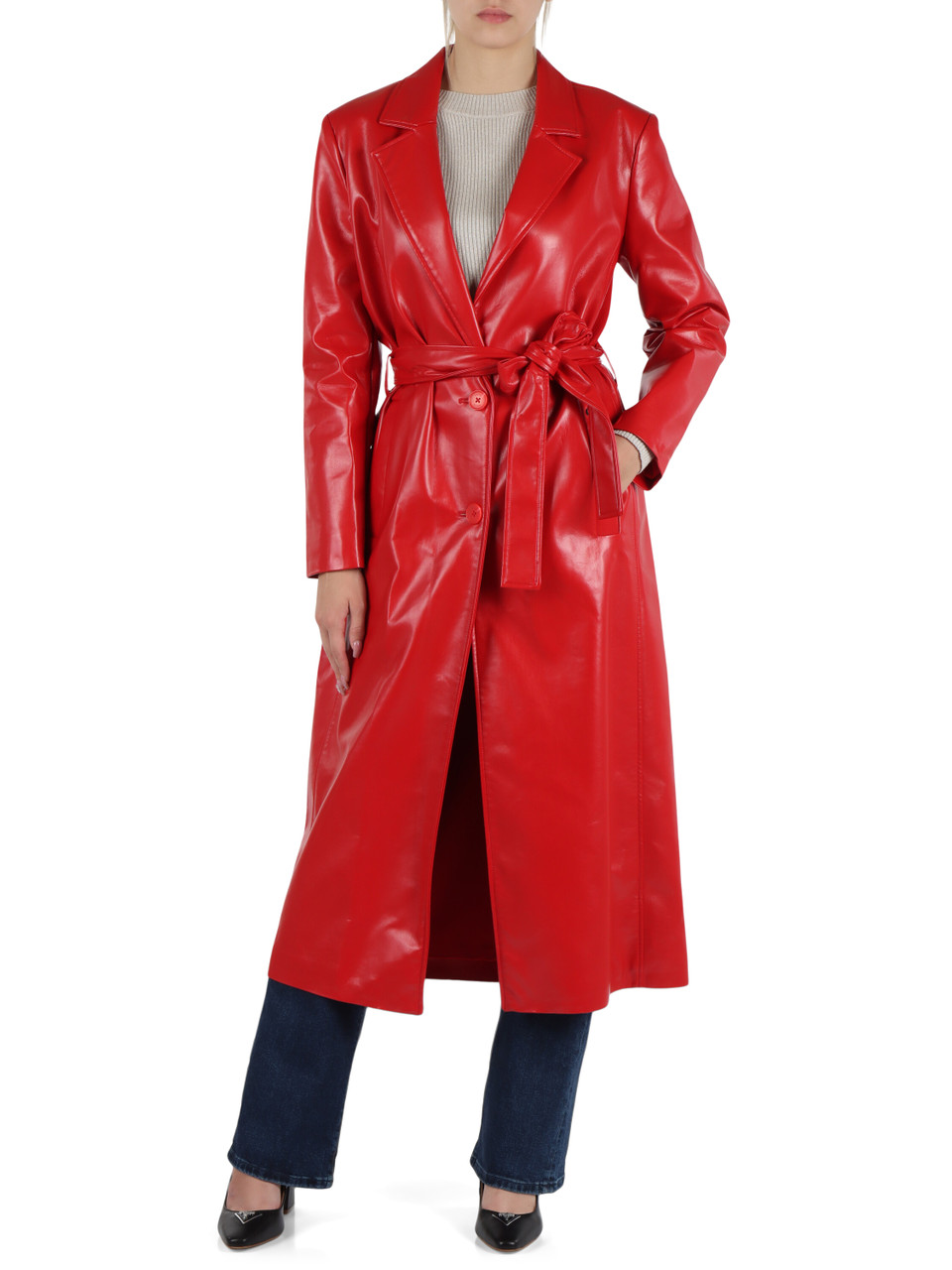 ROSSO | Giacca lunga in ecopelle con cintura