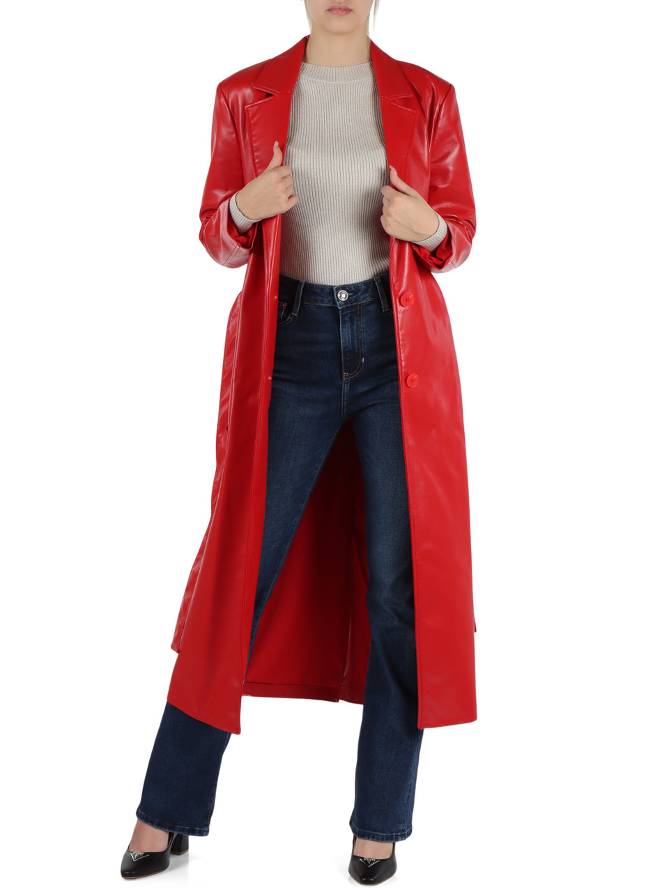 ROSSO | Giacca lunga in ecopelle con cintura