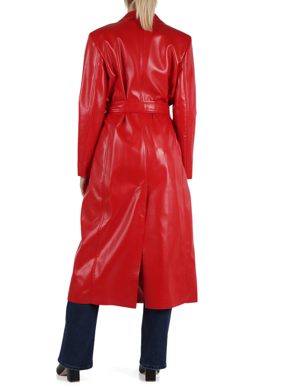 ROSSO | Giacca lunga in ecopelle con cintura