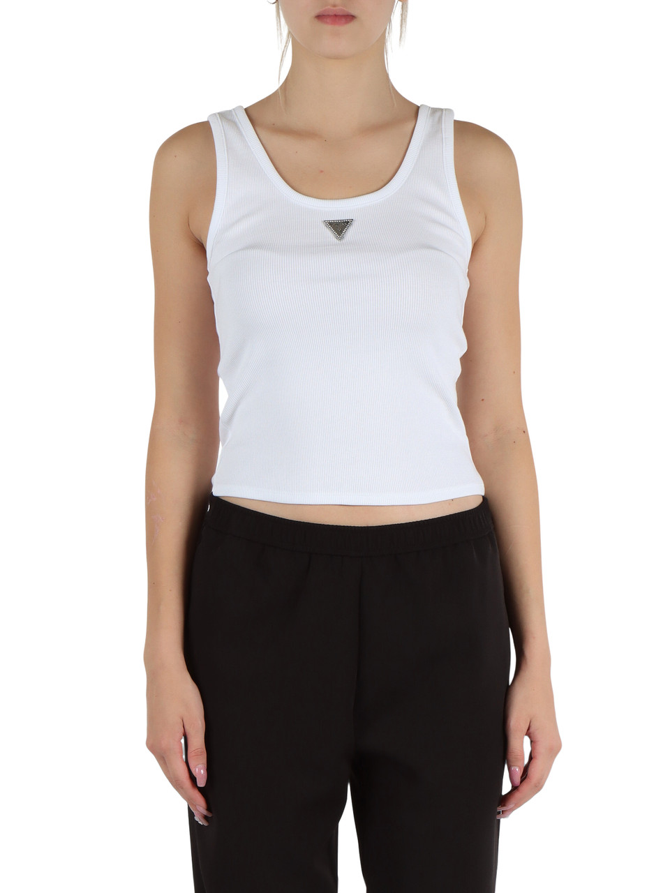BIANCO | Canotta a costine in cotone stretch con placca logo