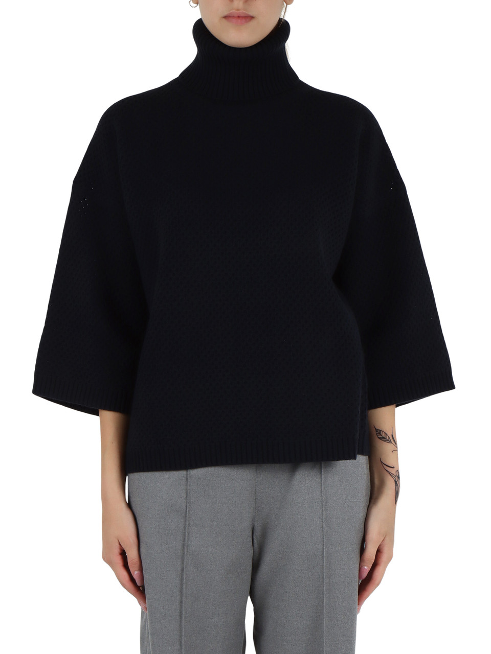 BLU SCURO | Maglia traforata in lana vergine - seta e cashmere
