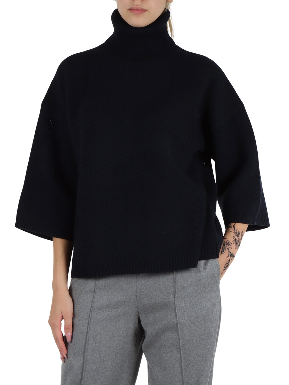 BLU SCURO | Maglia traforata in lana vergine - seta e cashmere