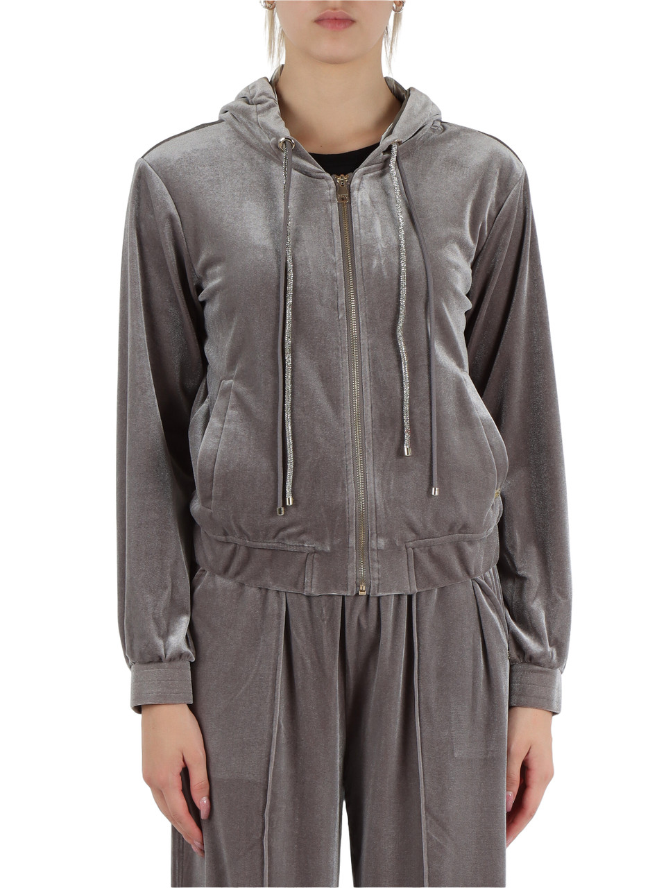 GRIGIO | JEANS: Felpa in ciniglia con zip e cappuccio