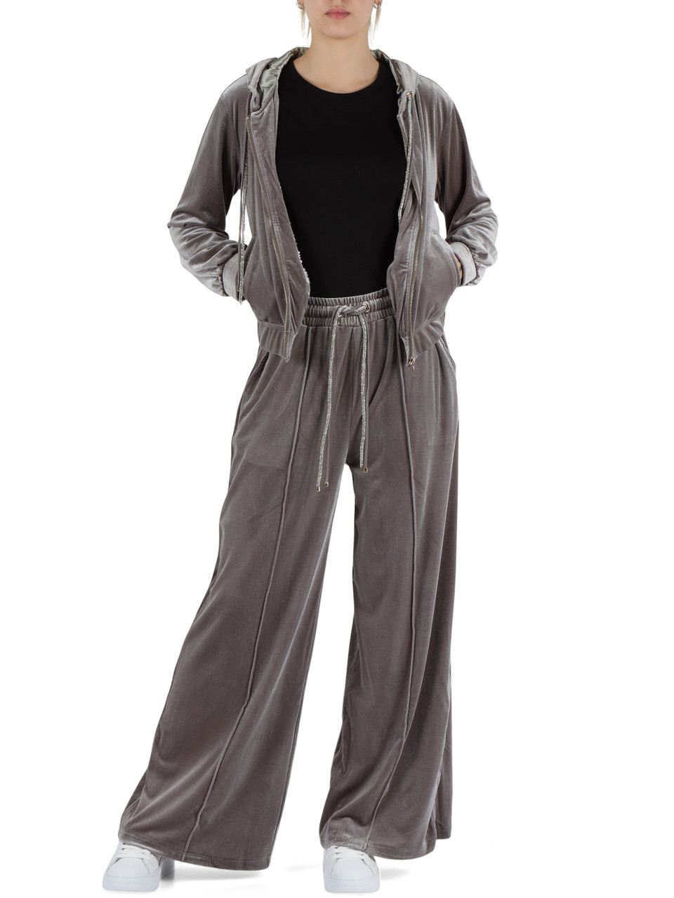 GRIGIO | JEANS: Felpa in ciniglia con zip e cappuccio
