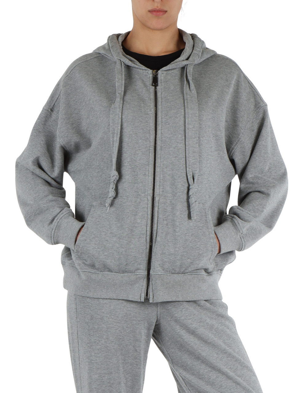 GRIGIO | Felpa in cotone garzato con cappuccio e zip