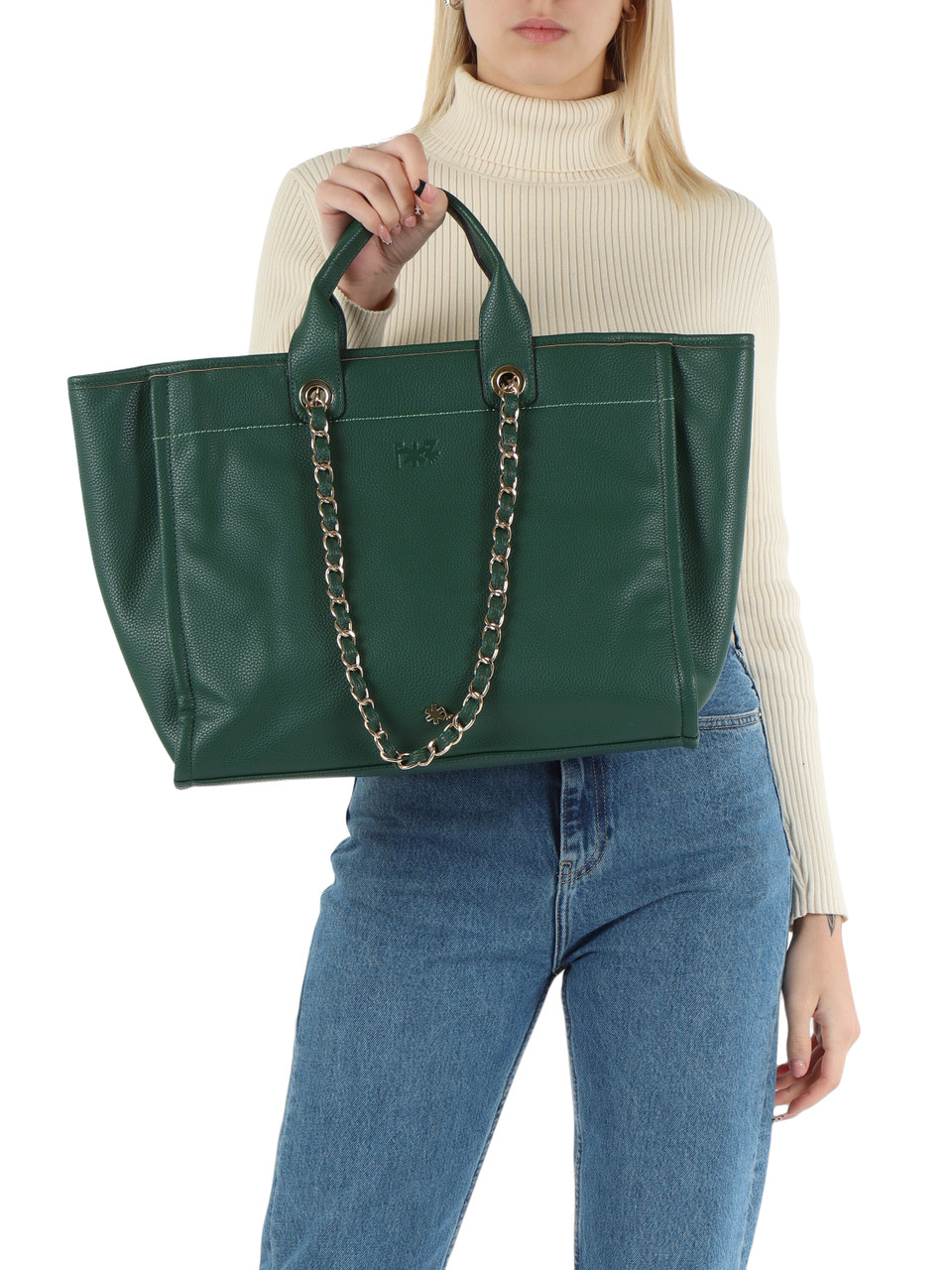 VERDE | Borsa a mano effetto martellato con logo impresso