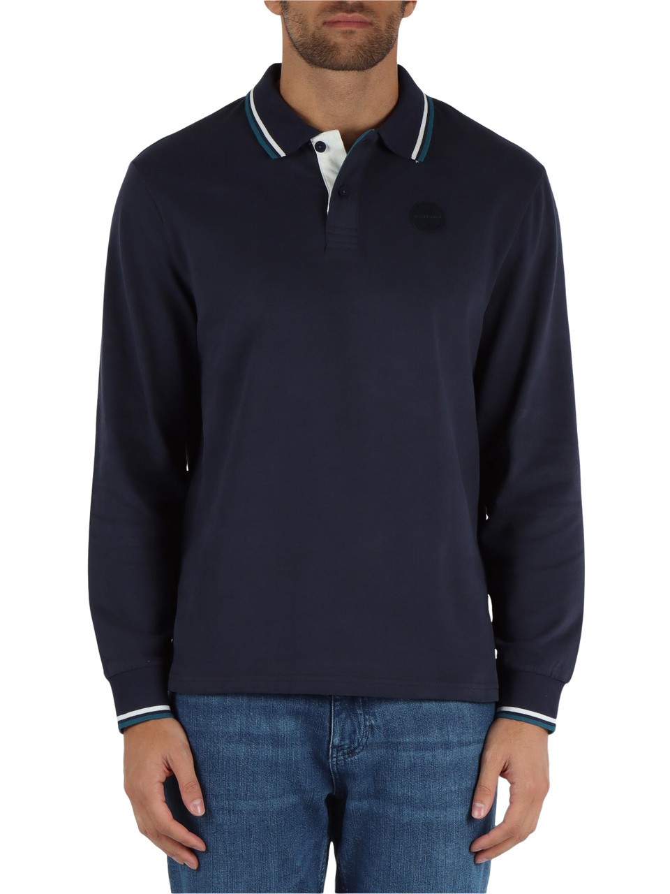 BLU SCURO | Polo maniche lunghe in cotone con patch logo frontale