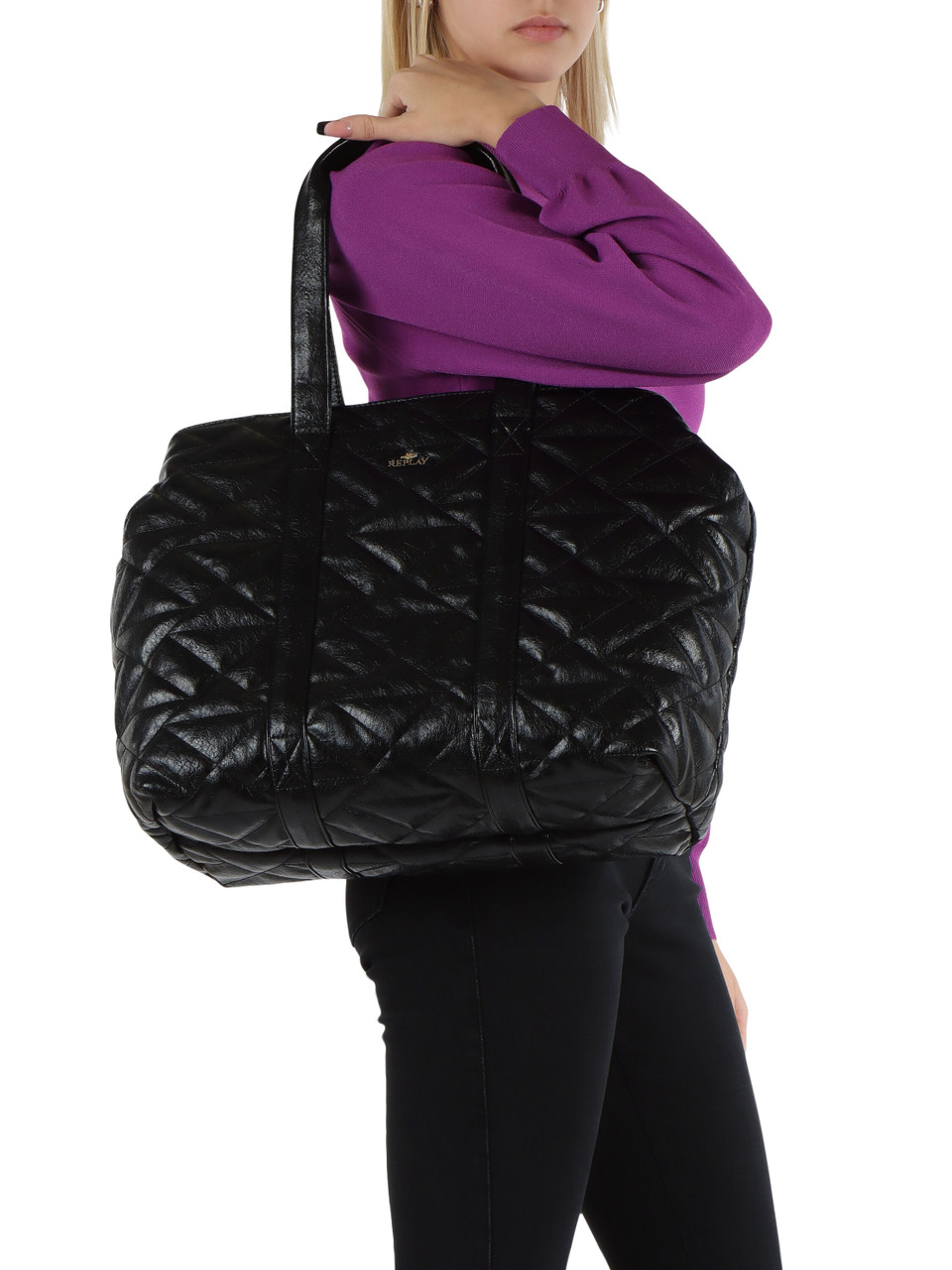 NERO | Borsa shopping trapuntata con scritta logo