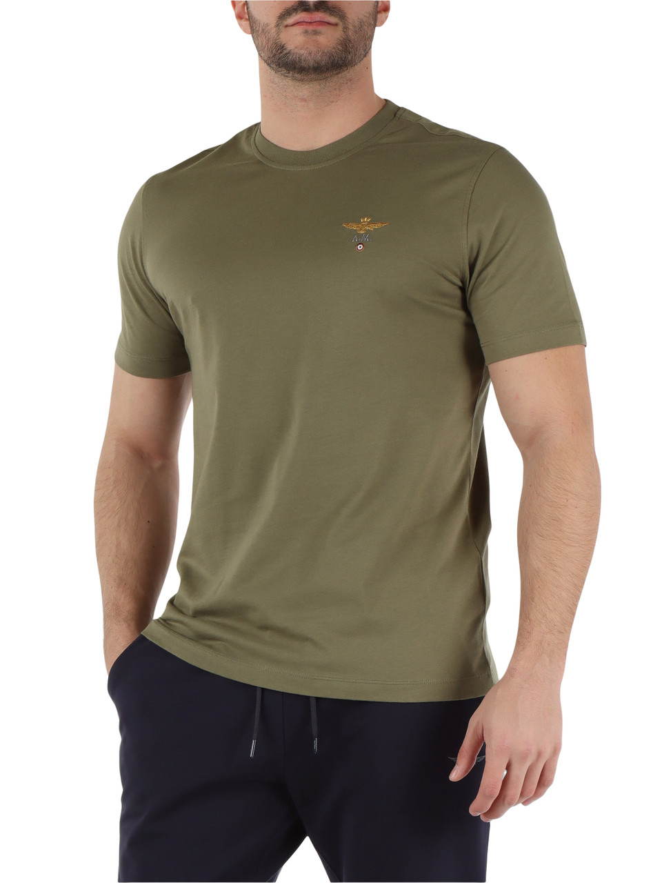 VERDE MILITARE | T-shirt in cotone con ricamo logo frontale