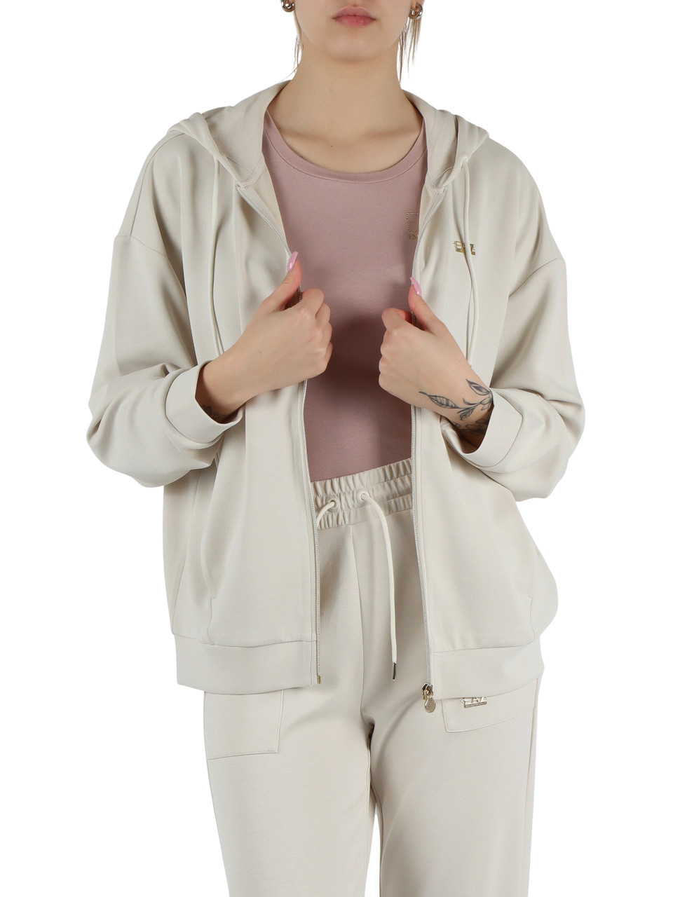 BEIGE | Felpa con zip e cappuccio in misto modal