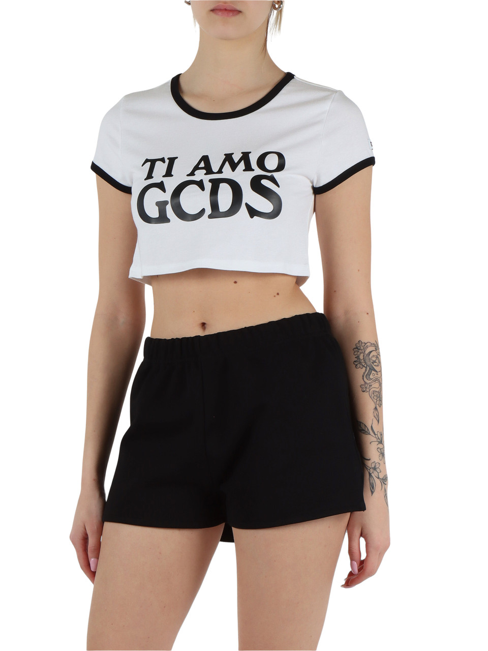 BIANCO | T-shirt cropped in cotone con stampa logo frontale