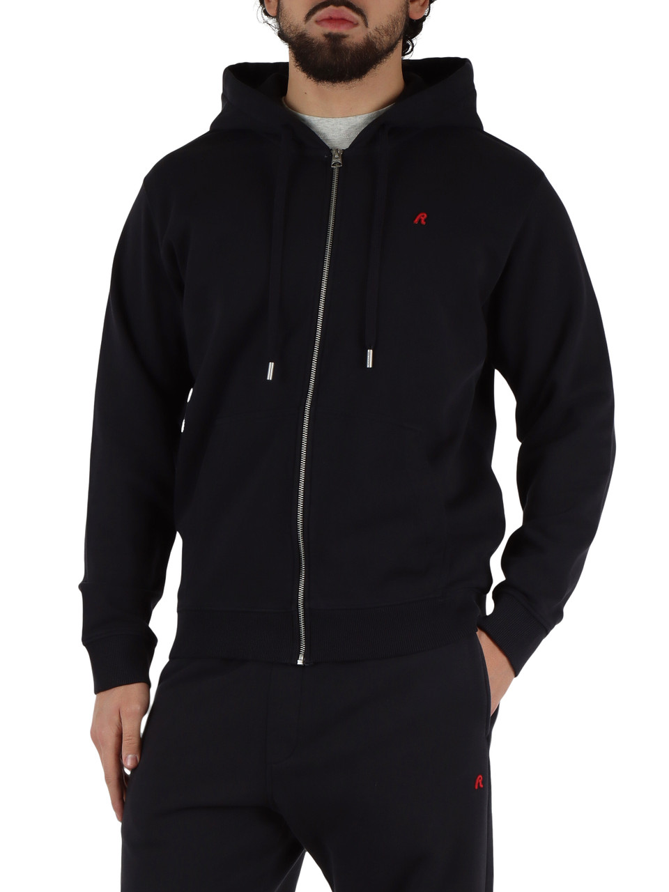 BLU SCURO | Felpa in cotone garzato con cappuccio e zip