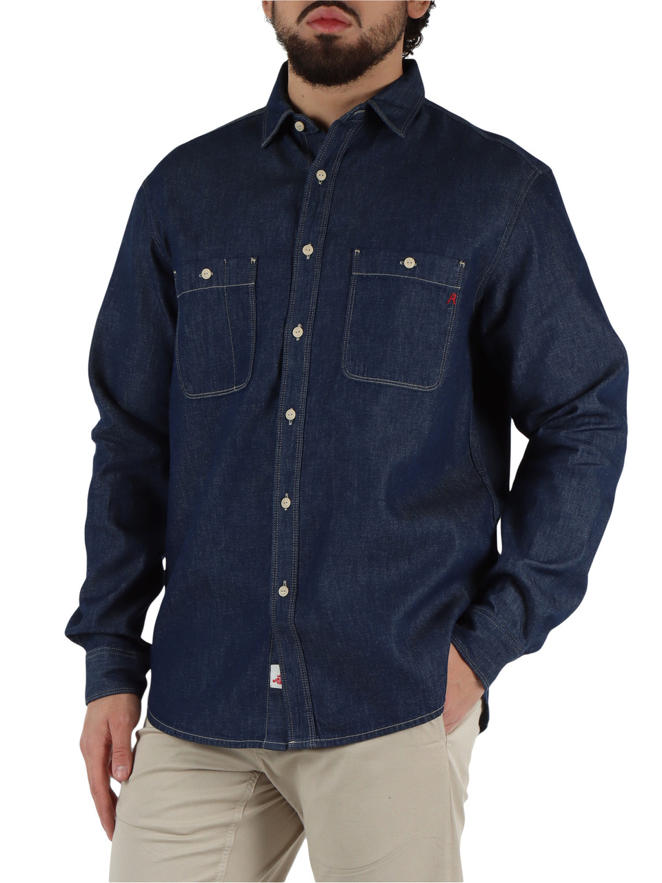 BLU SCURO | Camicia in denim con ricamo logo frontale