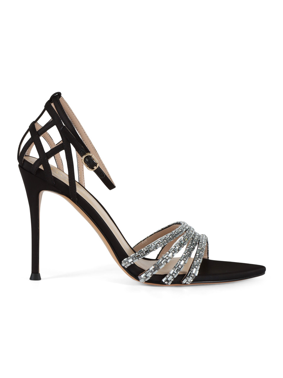 NERO | Sandali in satin con strass applicati