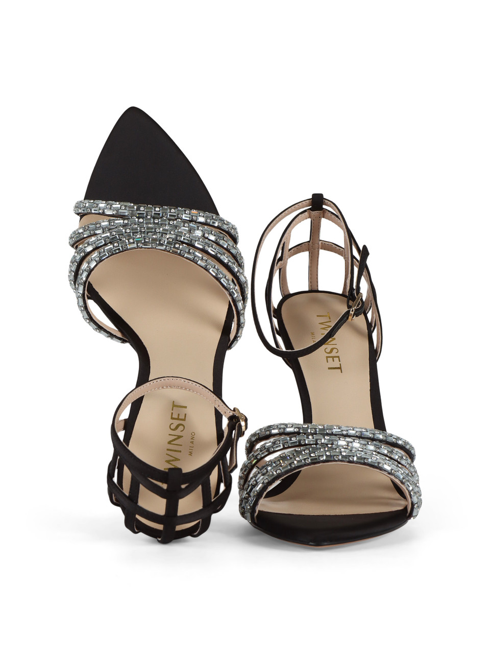 NERO | Sandali in satin con strass applicati