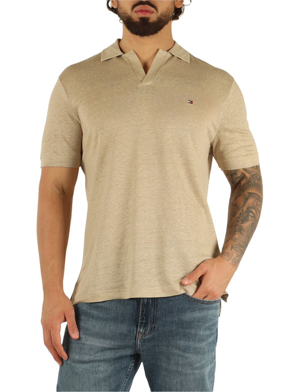 BEIGE | Polo regular fit in lino con ricamo logo