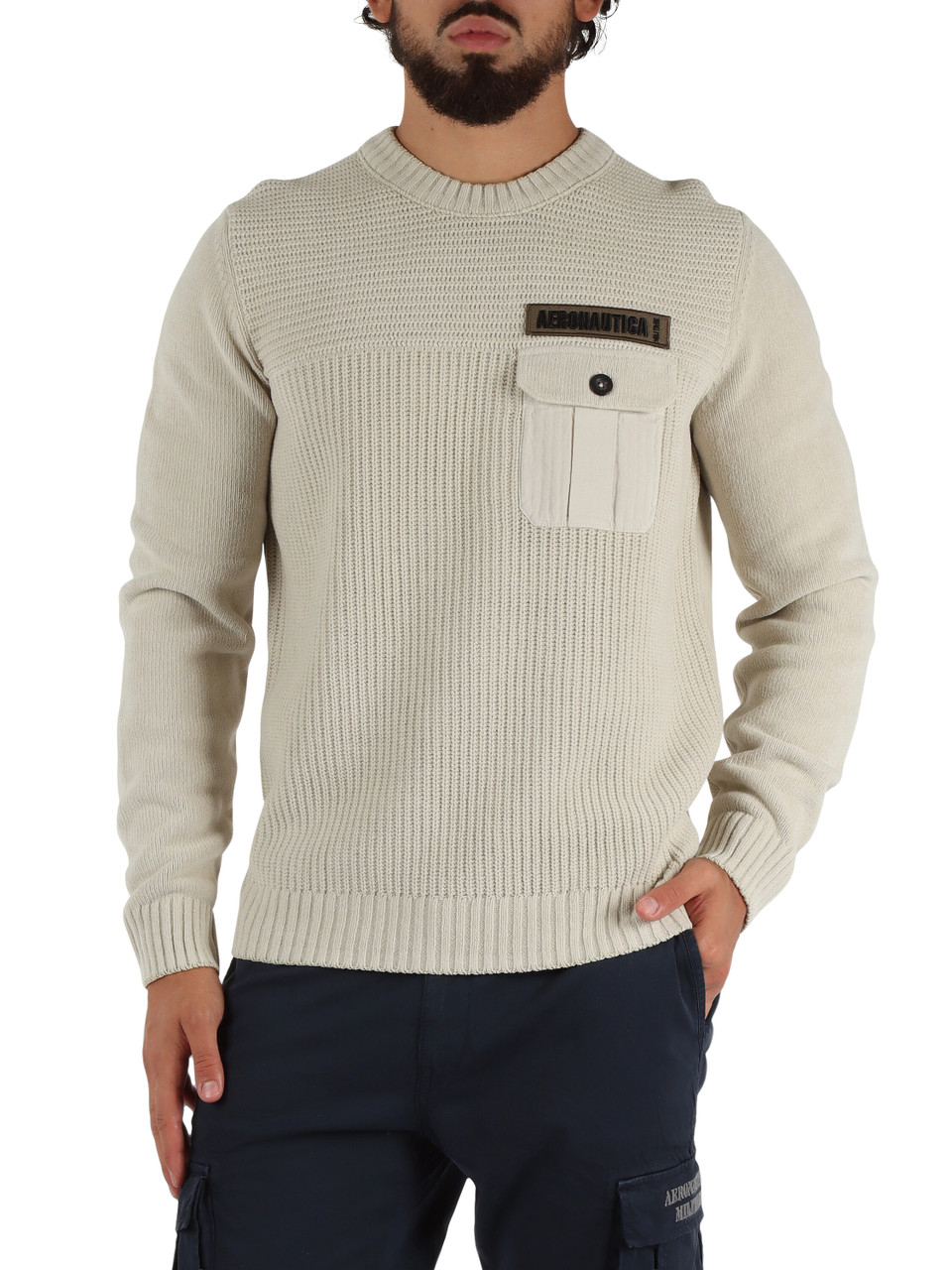 BEIGE | Maglia girocollo in cotone con patch logo