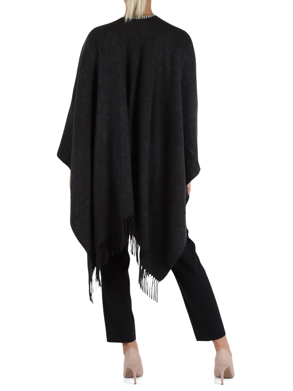 GRIGIO SCURO | Mantella HEIDI con frange e dettagli a contrasto