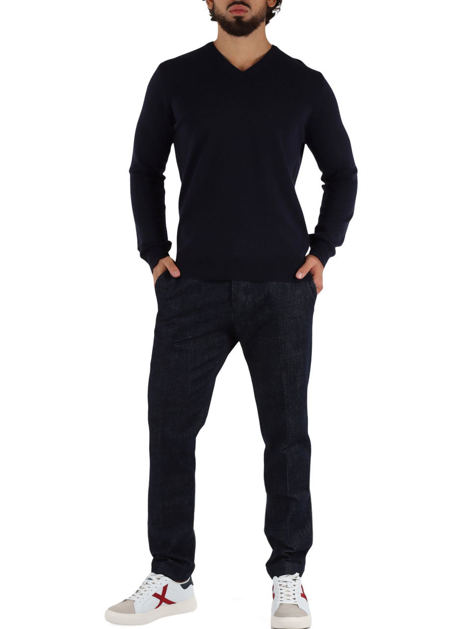 BLU SCURO | Maglia collo a V in lana merino e cashmere