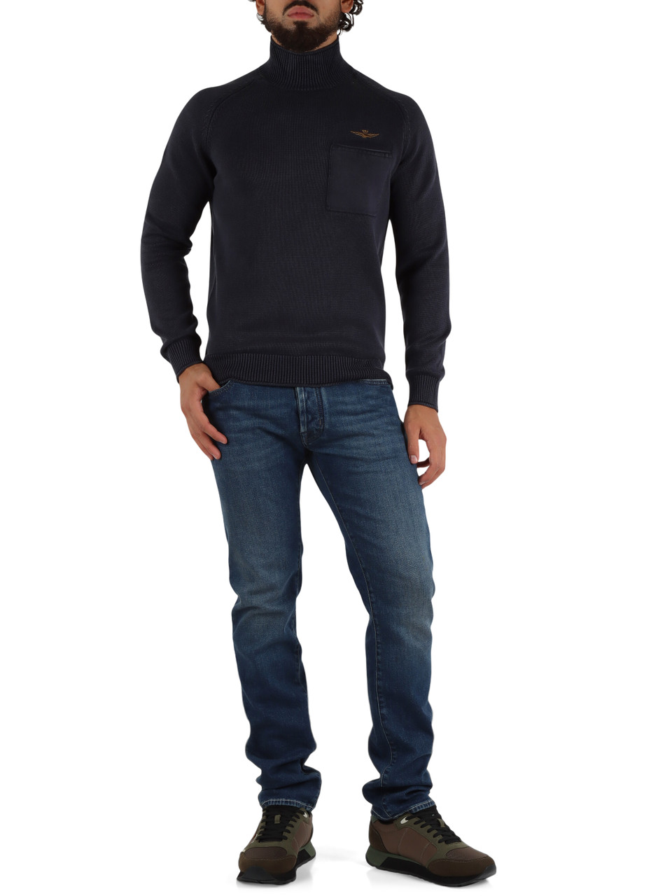 BLAU | Rollkragenpullover aus Baumwolle mit Fronttasche