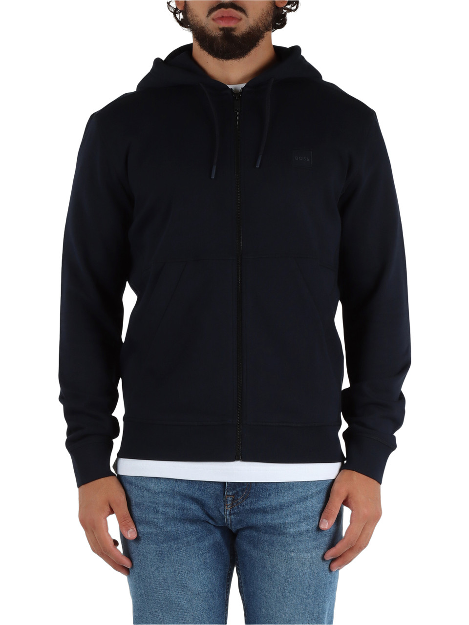 BLU SCURO | Felpa in cotone garzato con zip e cappuccio