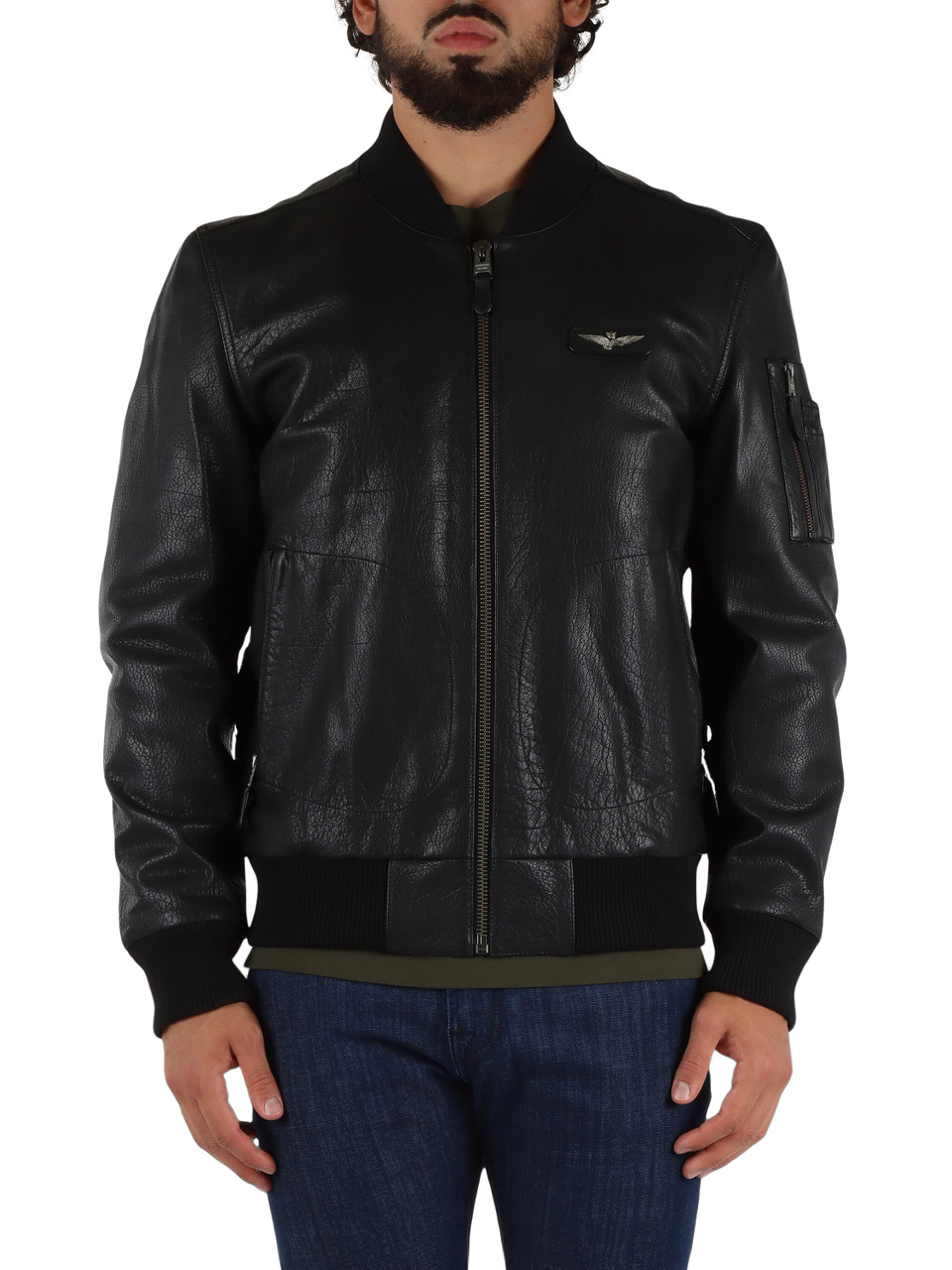 NERO | Giacca bomber in pelle con placca logo