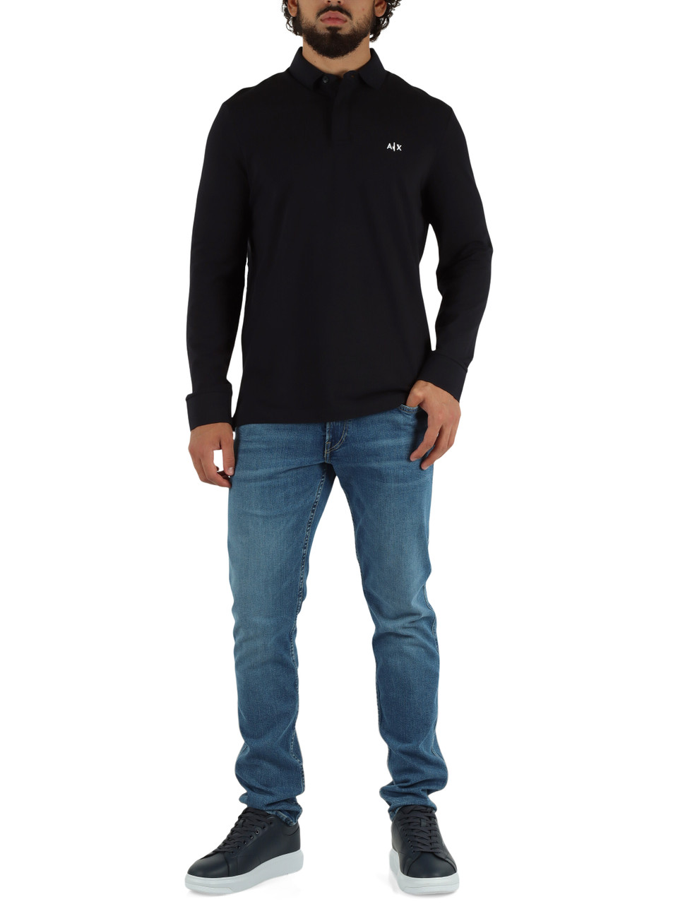 BLU SCURO | Polo manica lunga slim fit in cotone piquet