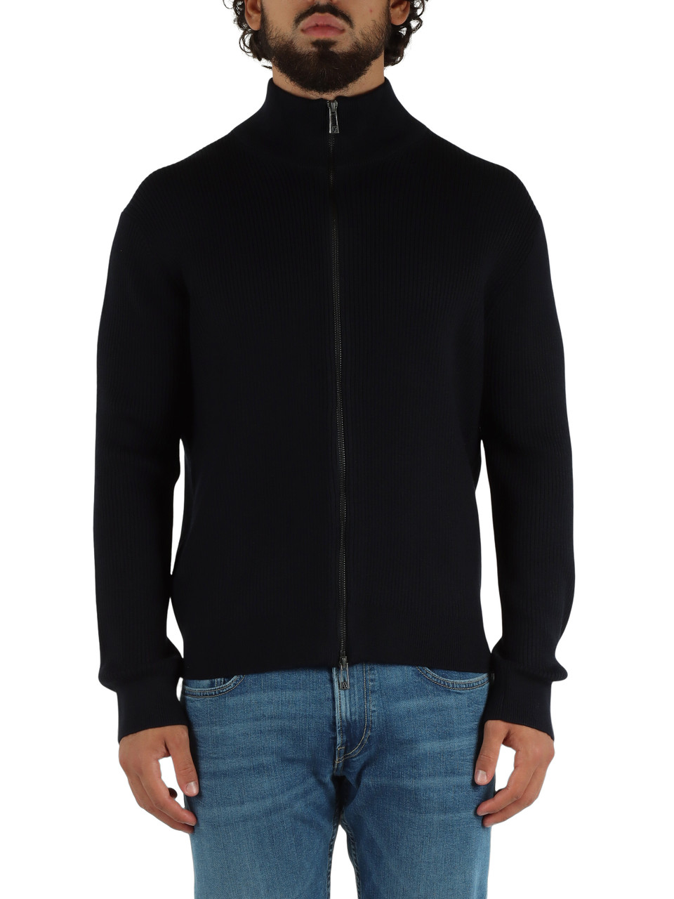 BLU SCURO | Cardigan con zip in misto cotone e lana vergine