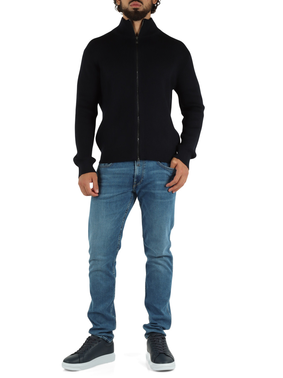 BLU SCURO | Cardigan con zip in misto cotone e lana vergine