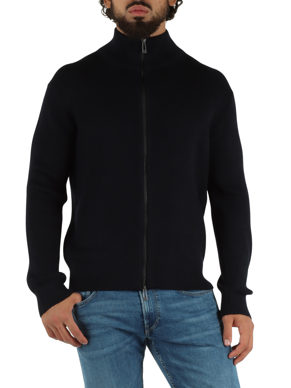 BLU SCURO | Cardigan con zip in misto cotone e lana vergine