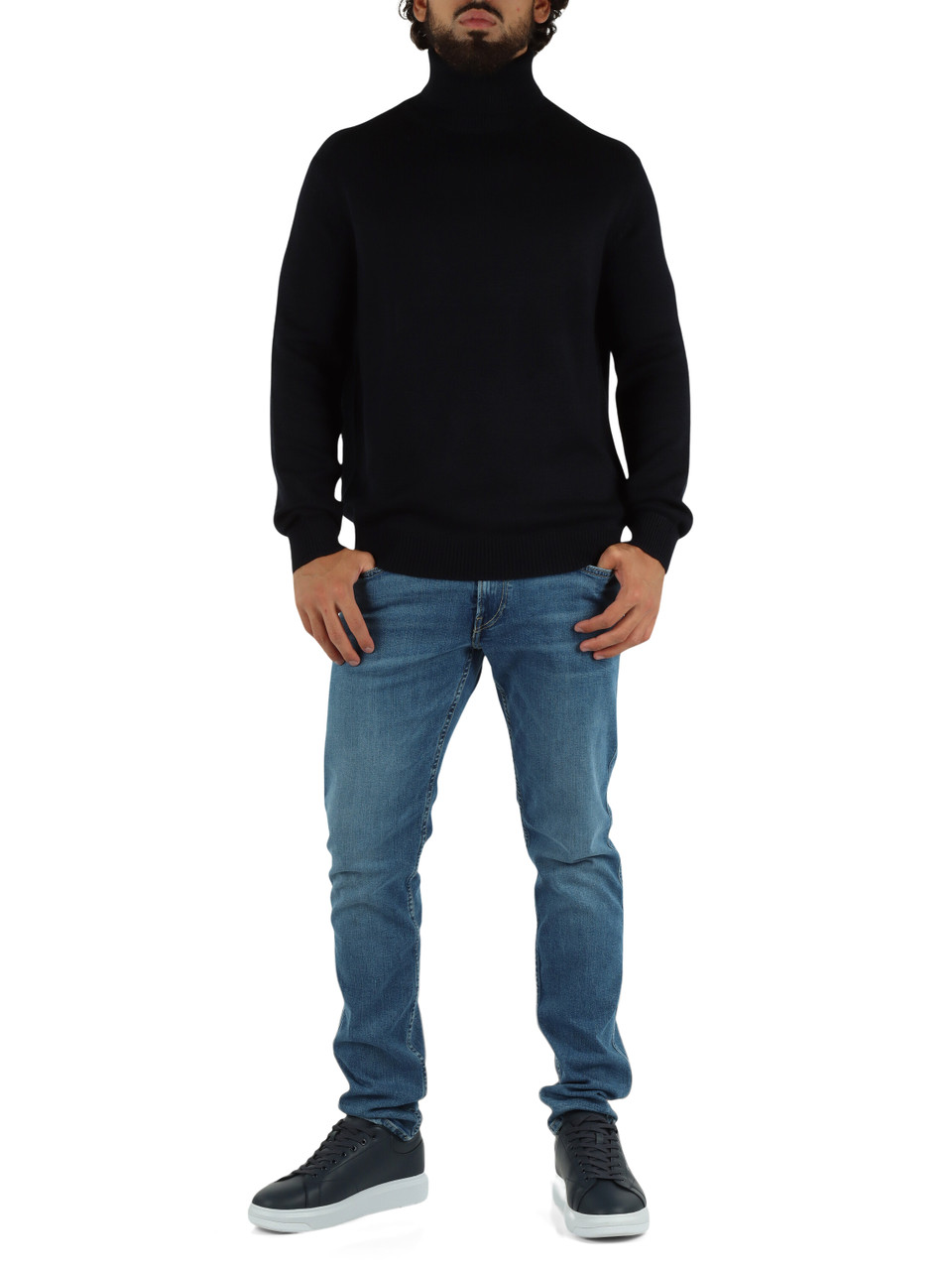 BLU SCURO | Maglia collo alto in misto cotone e lana vergine