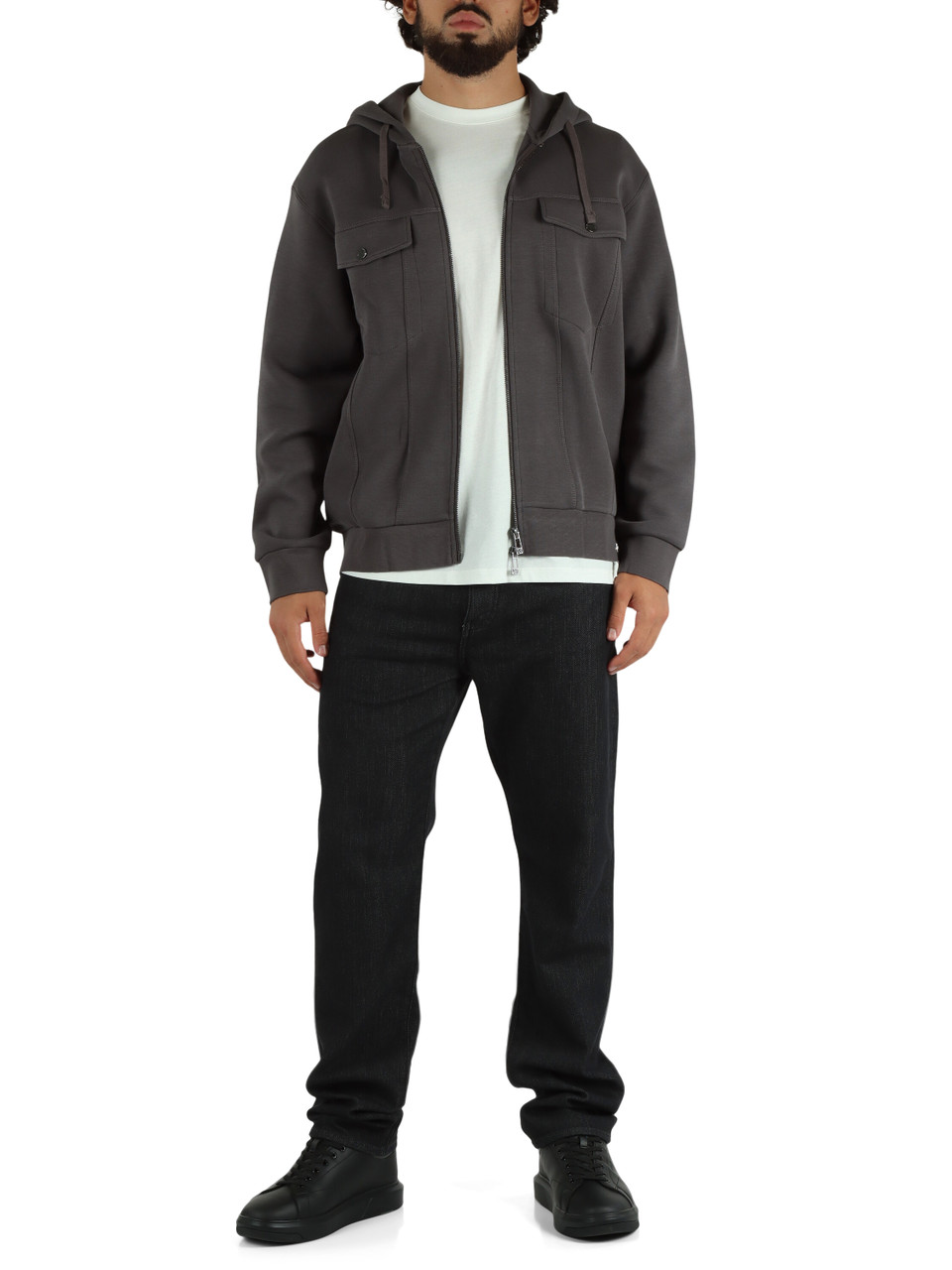 GRIGIO | Felpa in misto cotone con zip e cappuccio