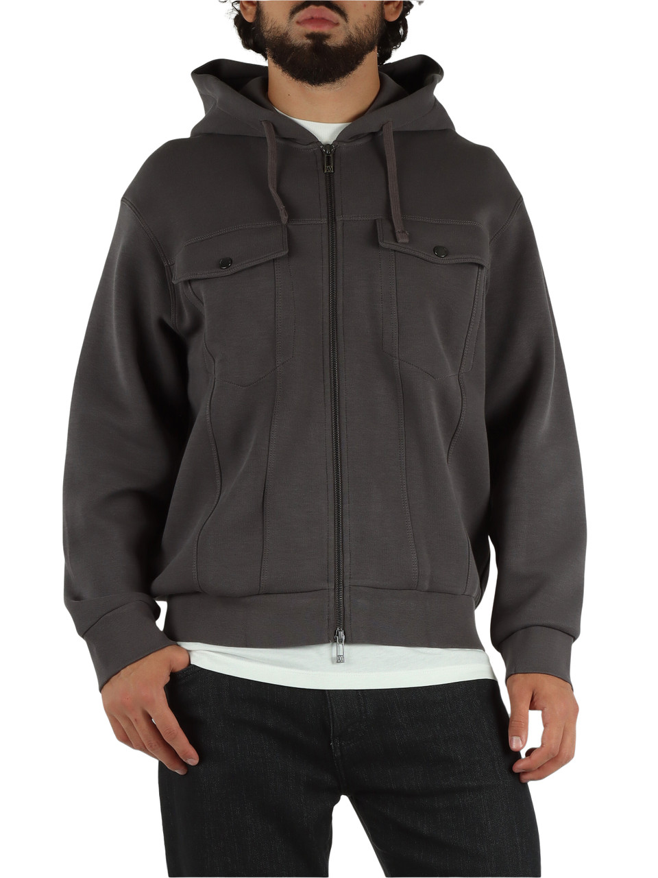 GRIGIO | Felpa in misto cotone con zip e cappuccio