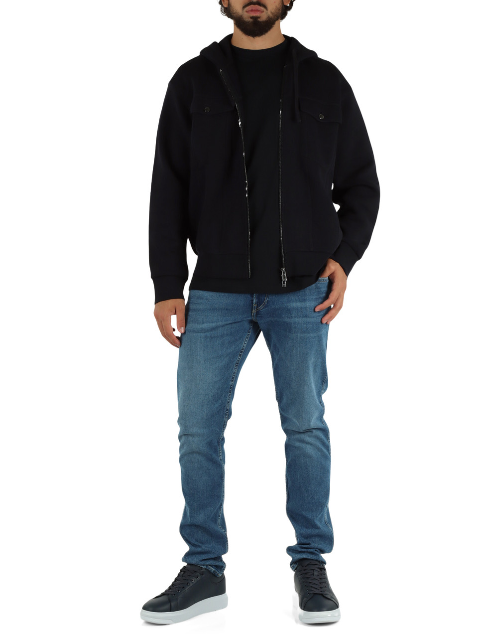 BLU SCURO | Felpa in misto cotone con zip e cappuccio