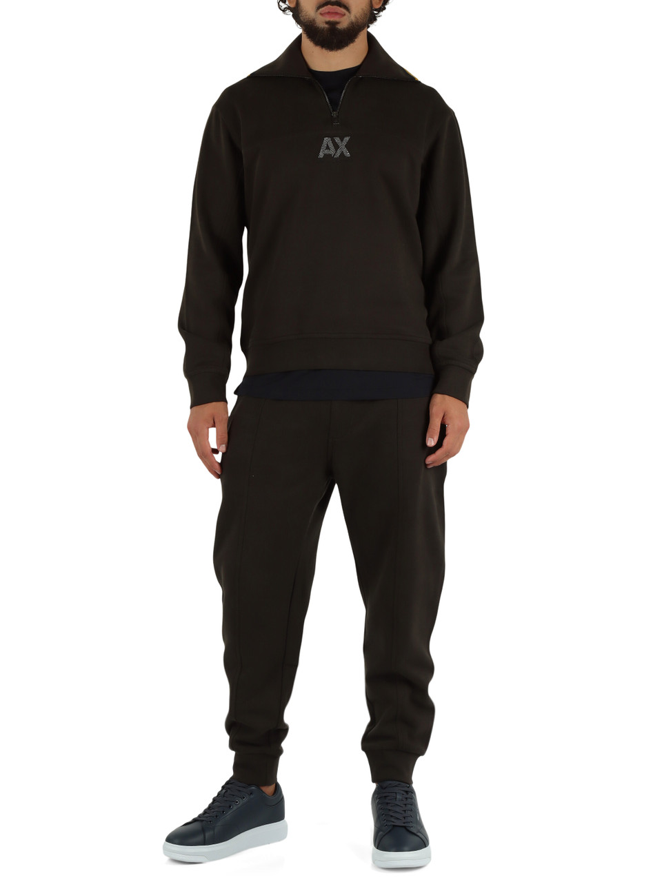 MARRONE | Felpa collo a zip in cotone garzato