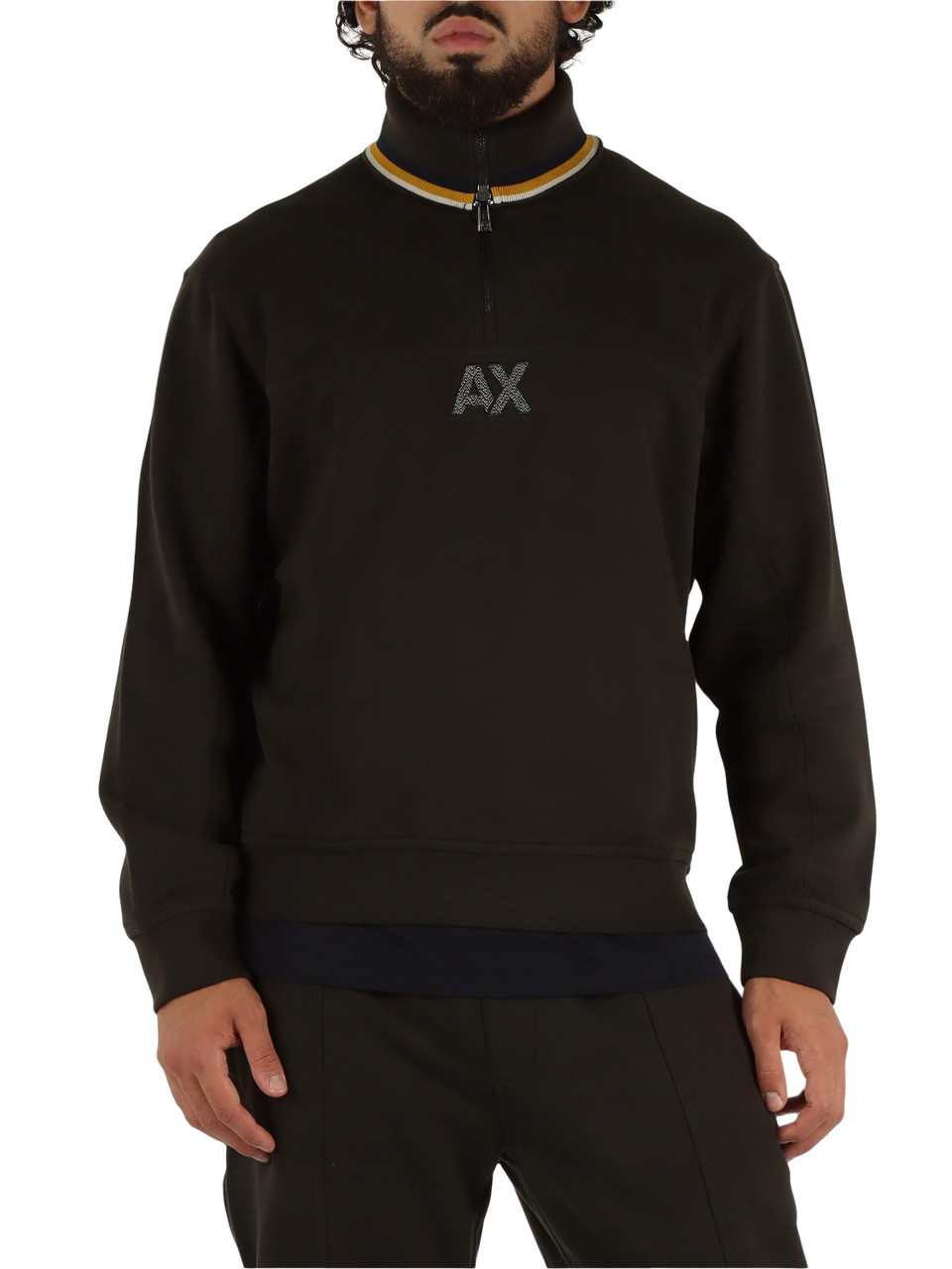 MARRONE | Felpa collo a zip in cotone garzato