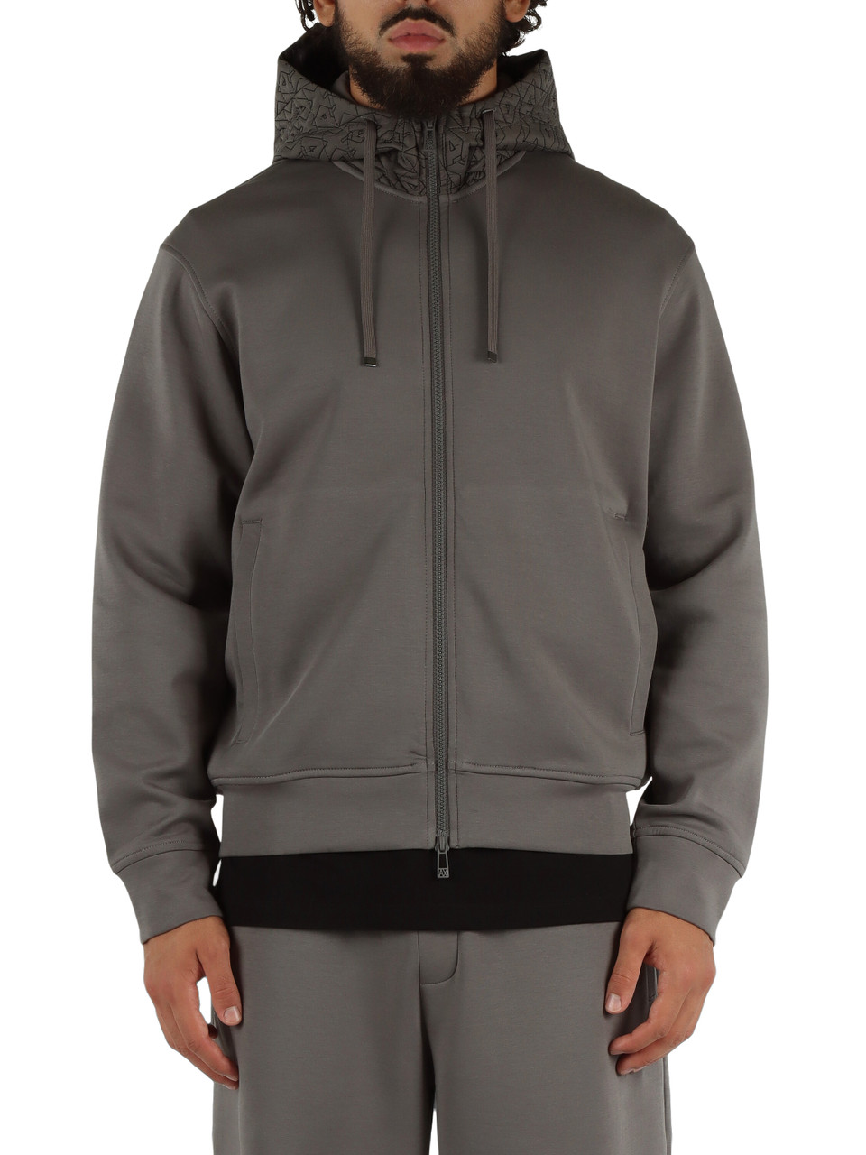 GRIGIO | Felpa in misto cotone con zip e cappuccio a contrasto