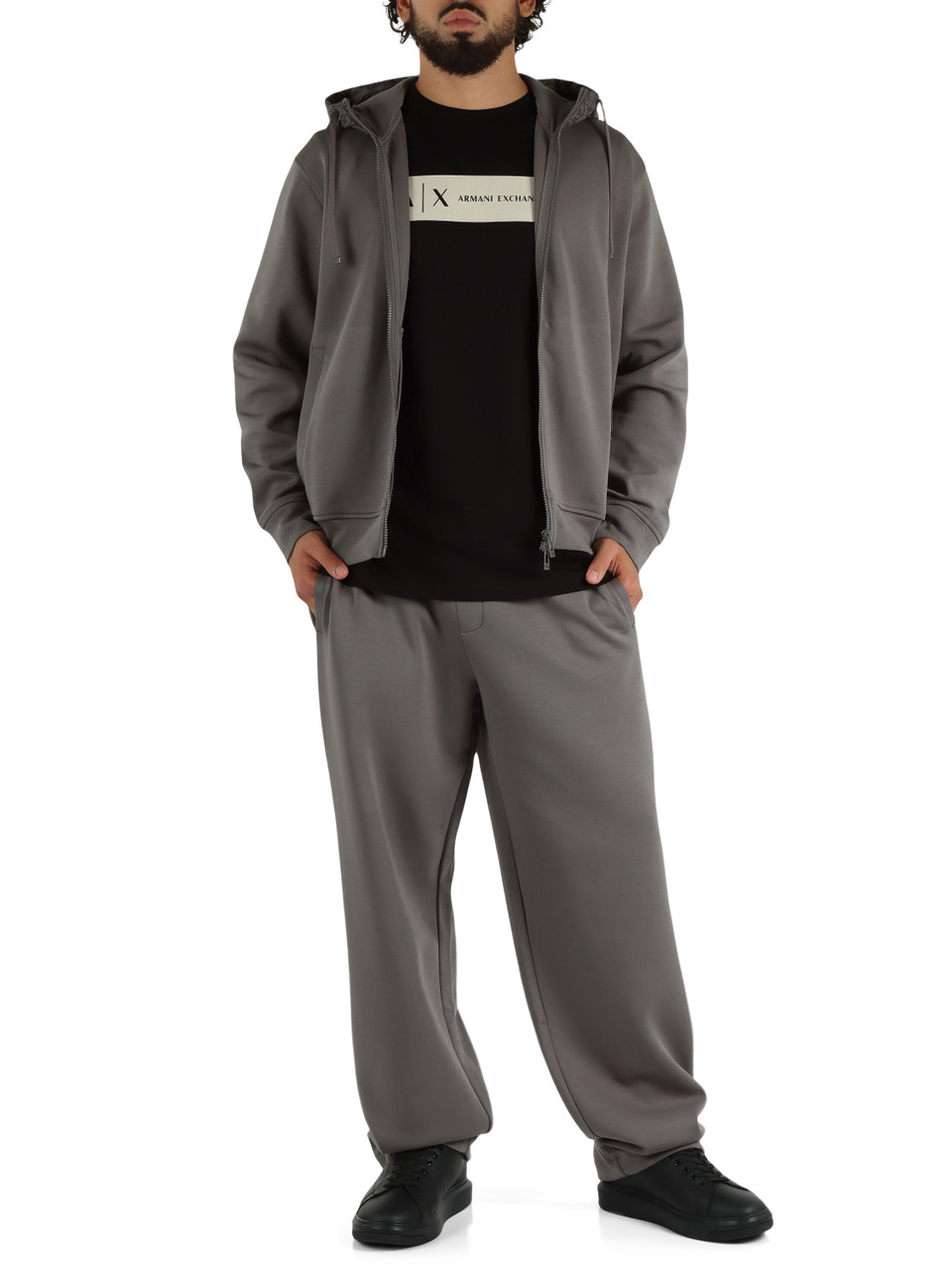GRIGIO | Felpa in misto cotone con zip e cappuccio a contrasto