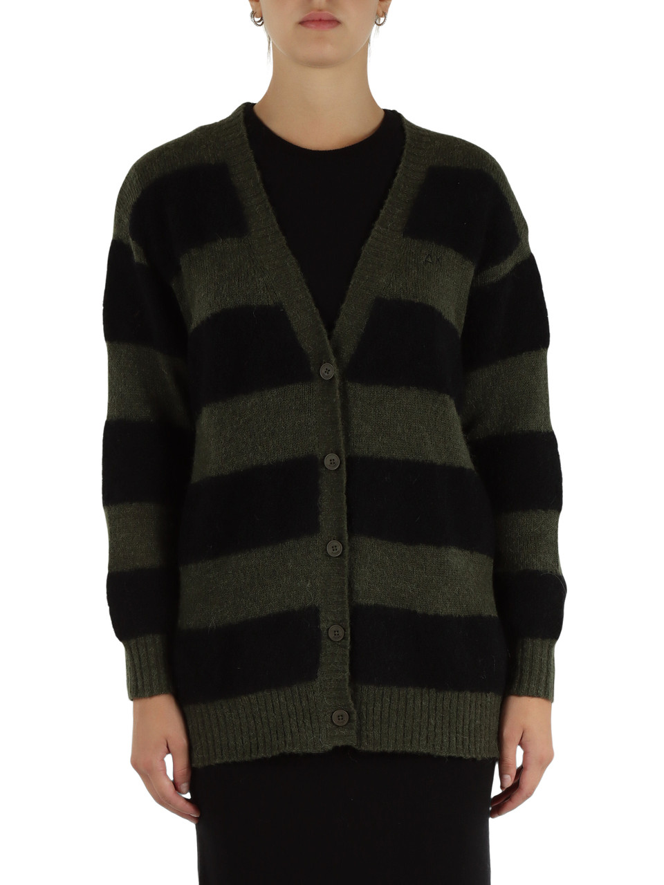 VERDE SCURO | Cardigan a righe in misto lana merino e alpaca