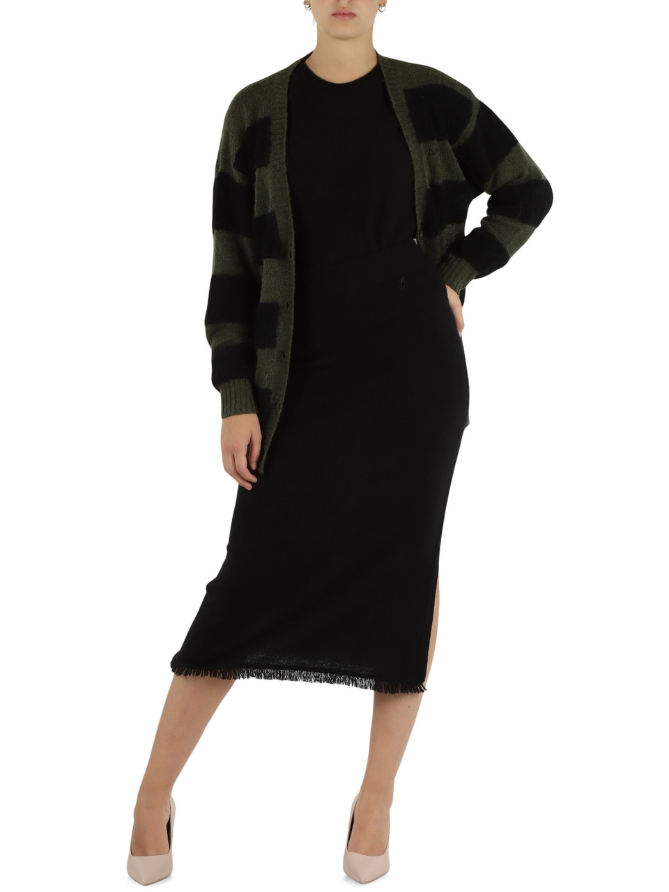 VERDE SCURO | Cardigan a righe in misto lana merino e alpaca